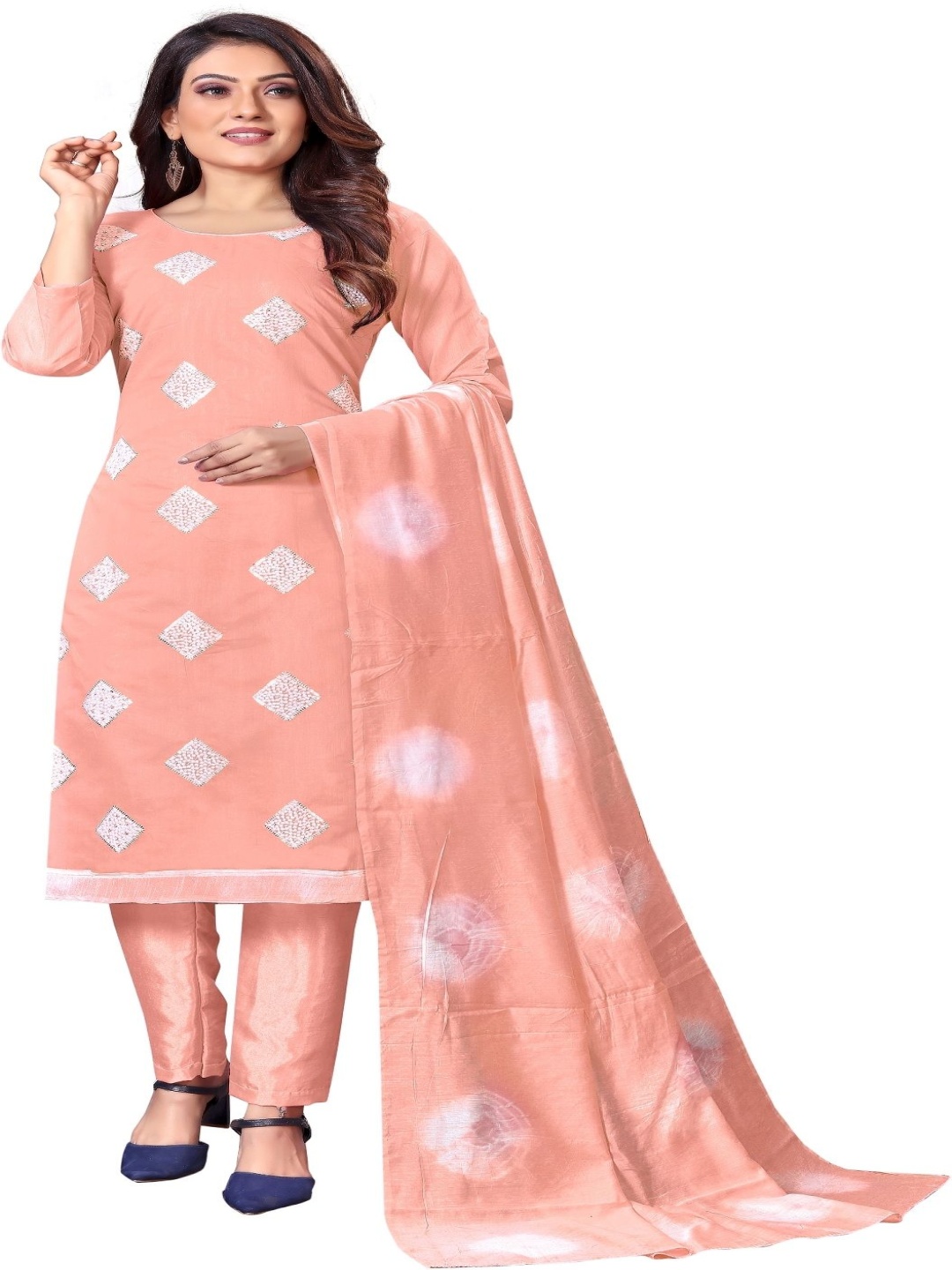 

Aika Bandhani Embroidered Pure Silk Unstitched Dress Material, Peach