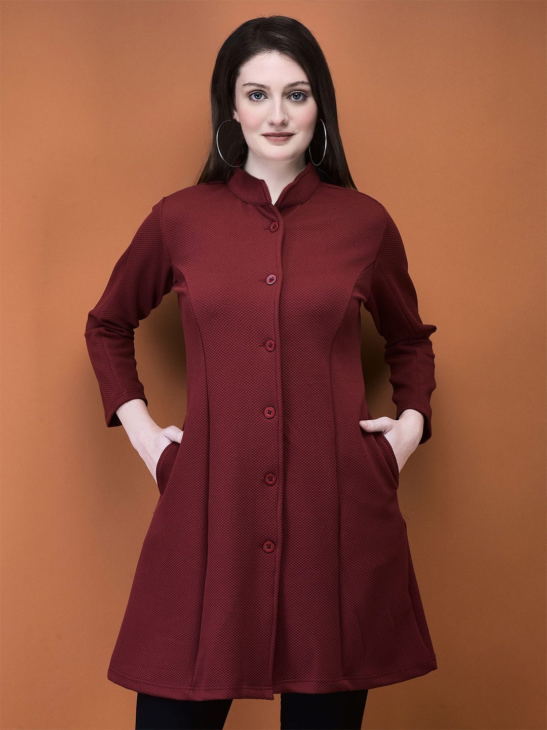 

Shree Women Longline Monochrome Button Shrug, Maroon