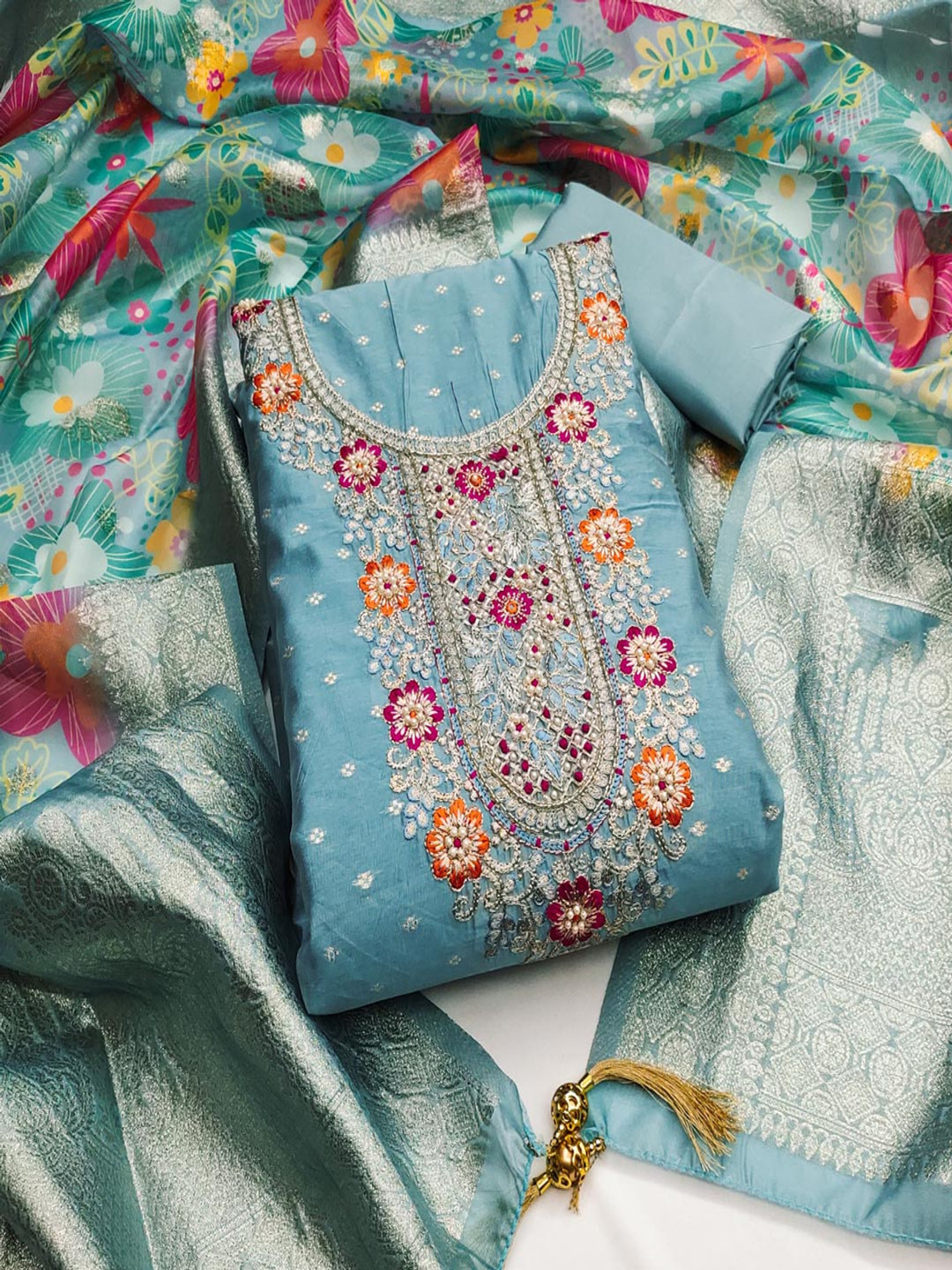 

HERE&NOW Floral Embroidered Zari Work Cotton Jacquard Unstitched Dress Material, Blue