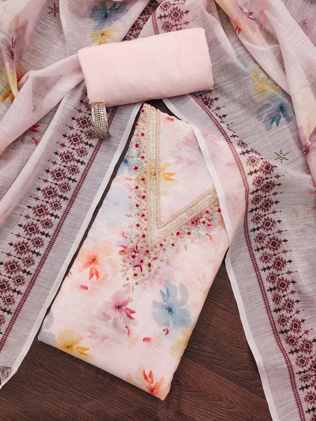 

HERE&NOW Floral Printed Beads And Stones Unstitched Dress Material, Pink