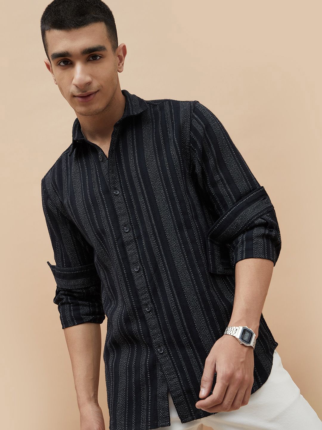 

Fame Forever by Lifestyle Men Spread Collar Vertical Striped Cotton Casual Shirt, Black