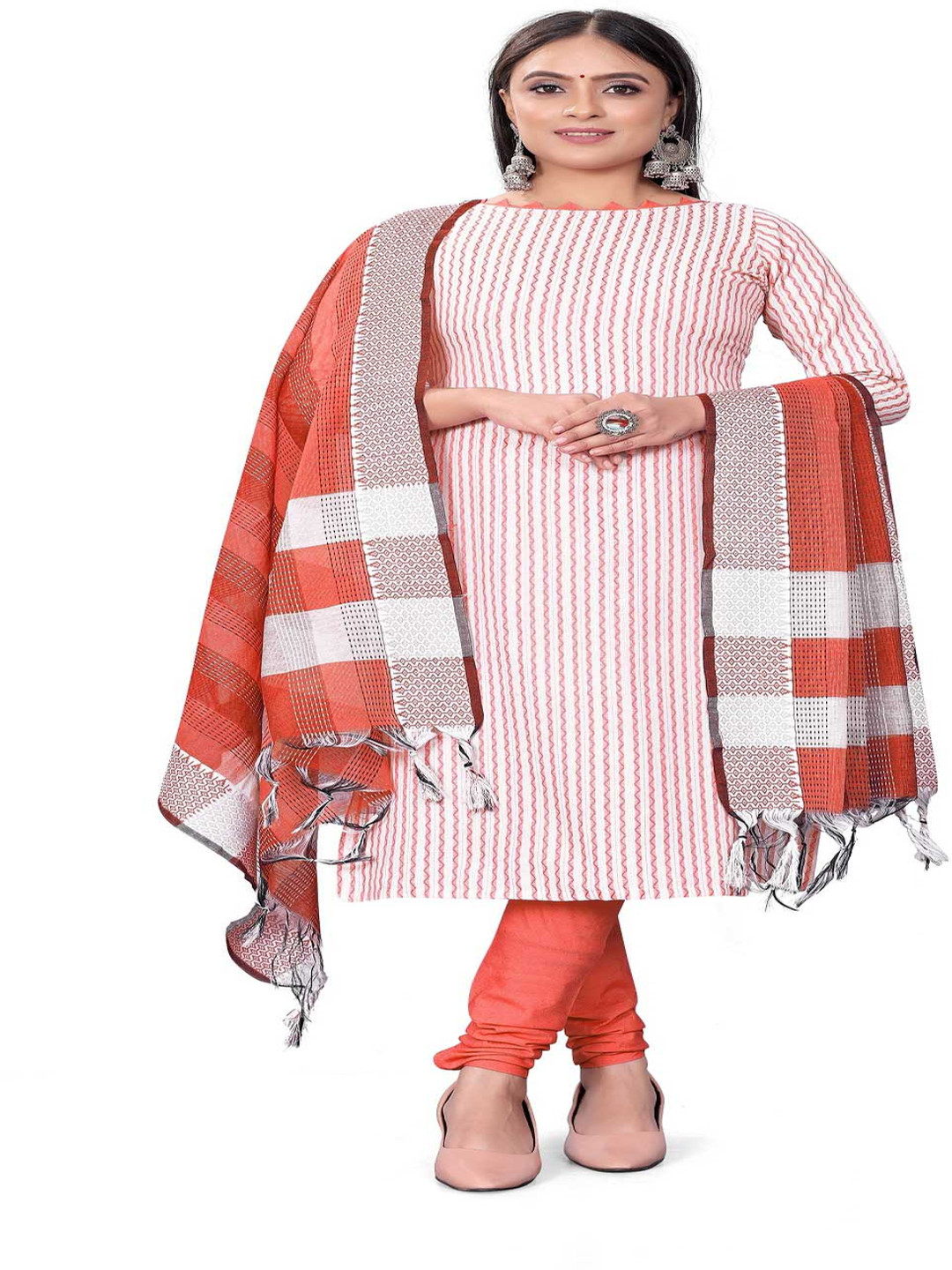 

Aika Striped Pure Cotton Unstitched Dress Material, Orange