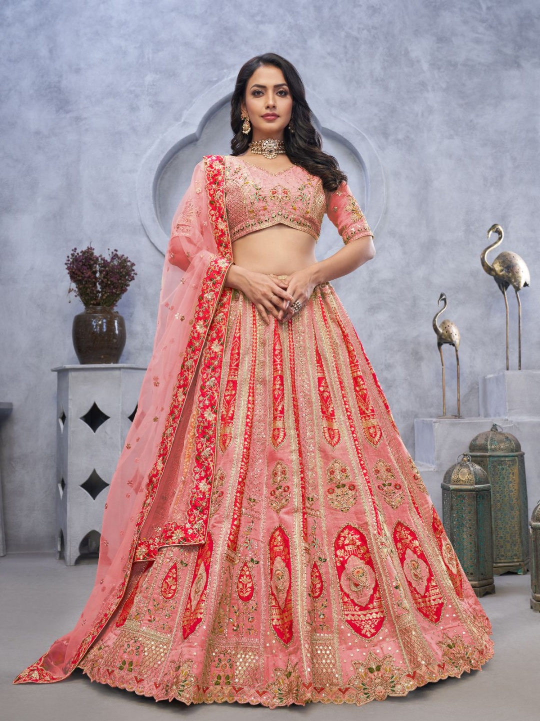 

ODETTE Embellished Sequinned Semi-Stitched Lehenga & Unstitched Blouse With Dupatta, Pink