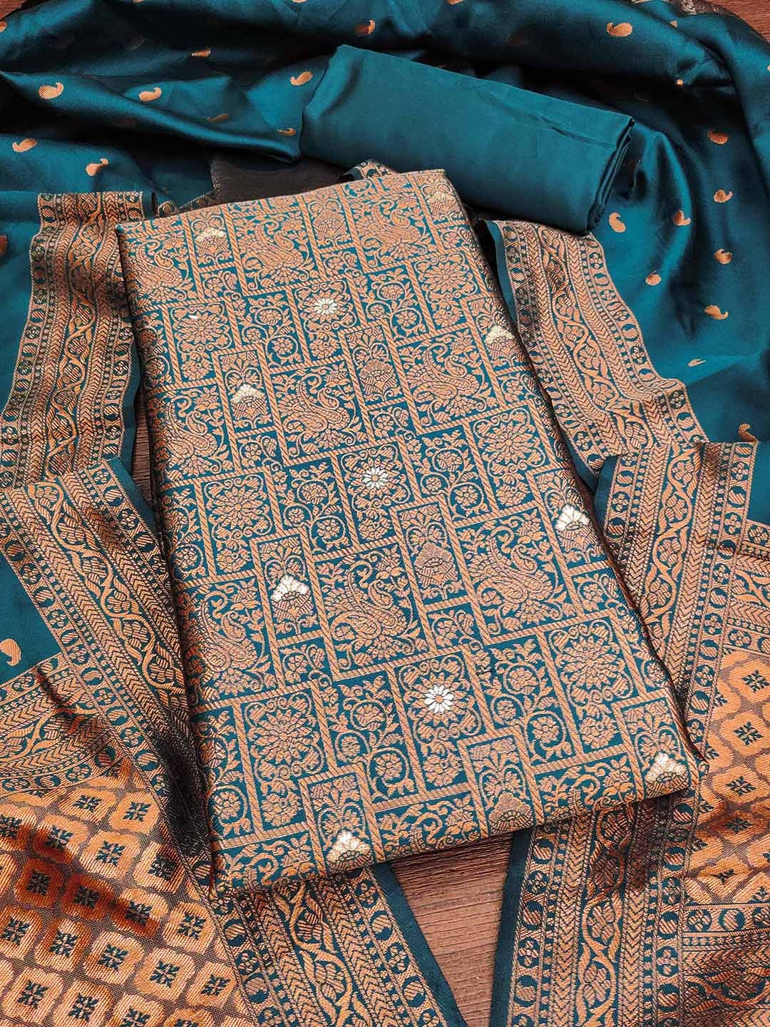 

HERE&NOW Ethnic motifs Woven Design Unstitched Dress Material, Teal
