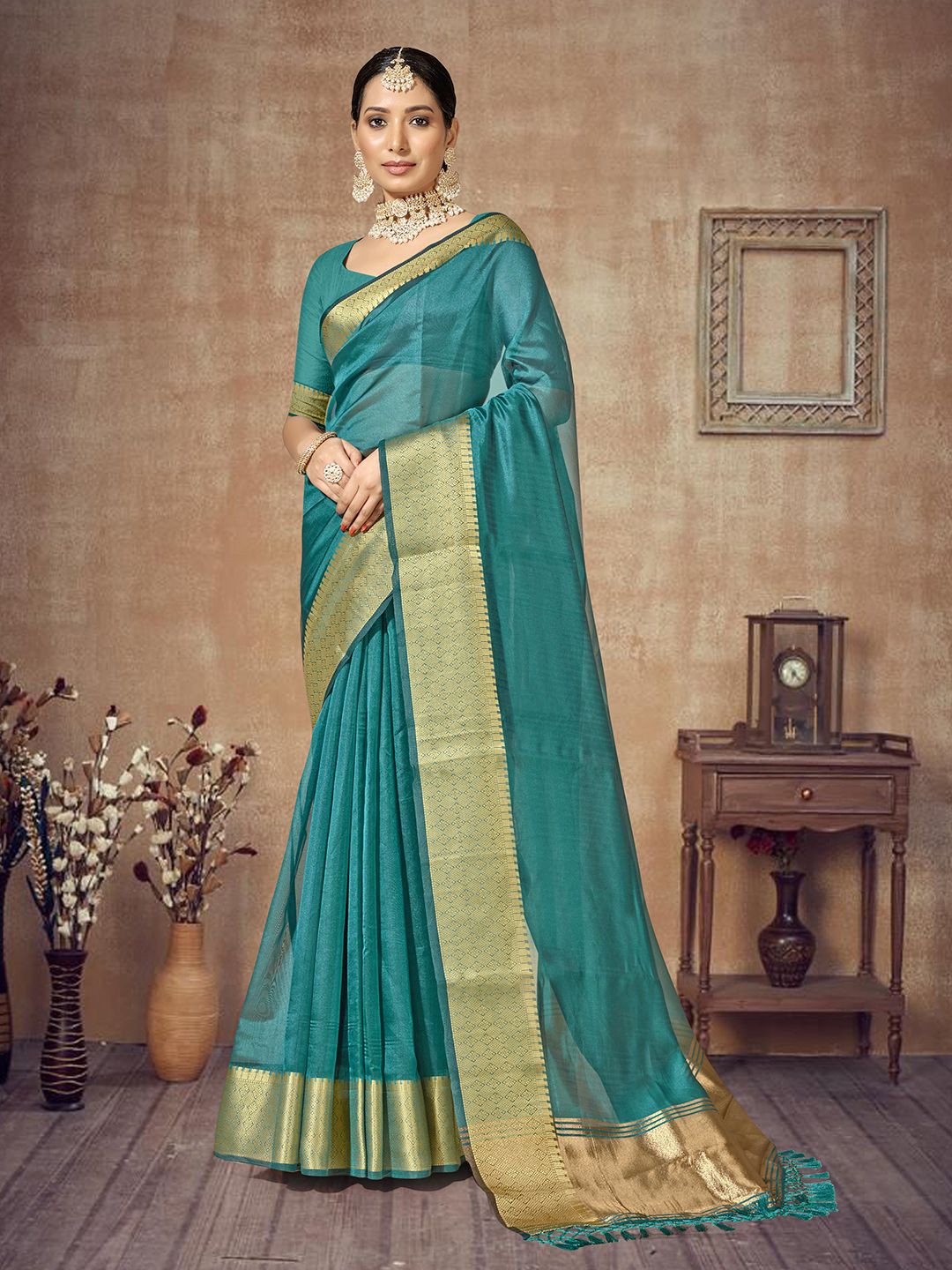 

sagarika Woven Design Zari Organza Narayan Peth Saree, Teal