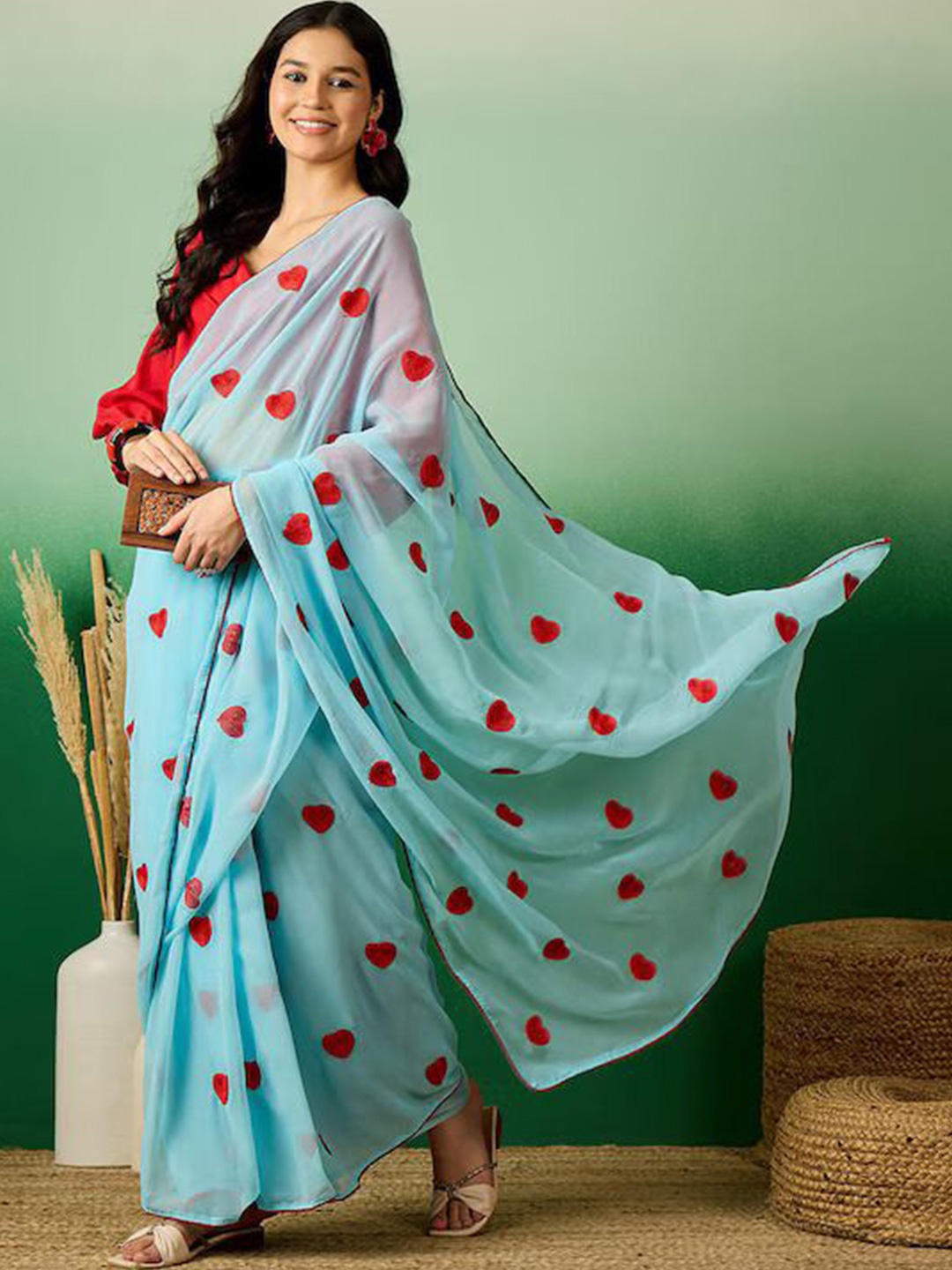 

HMP Fashion Geometric Pattern Satin Ready to Wear Saree, Blue