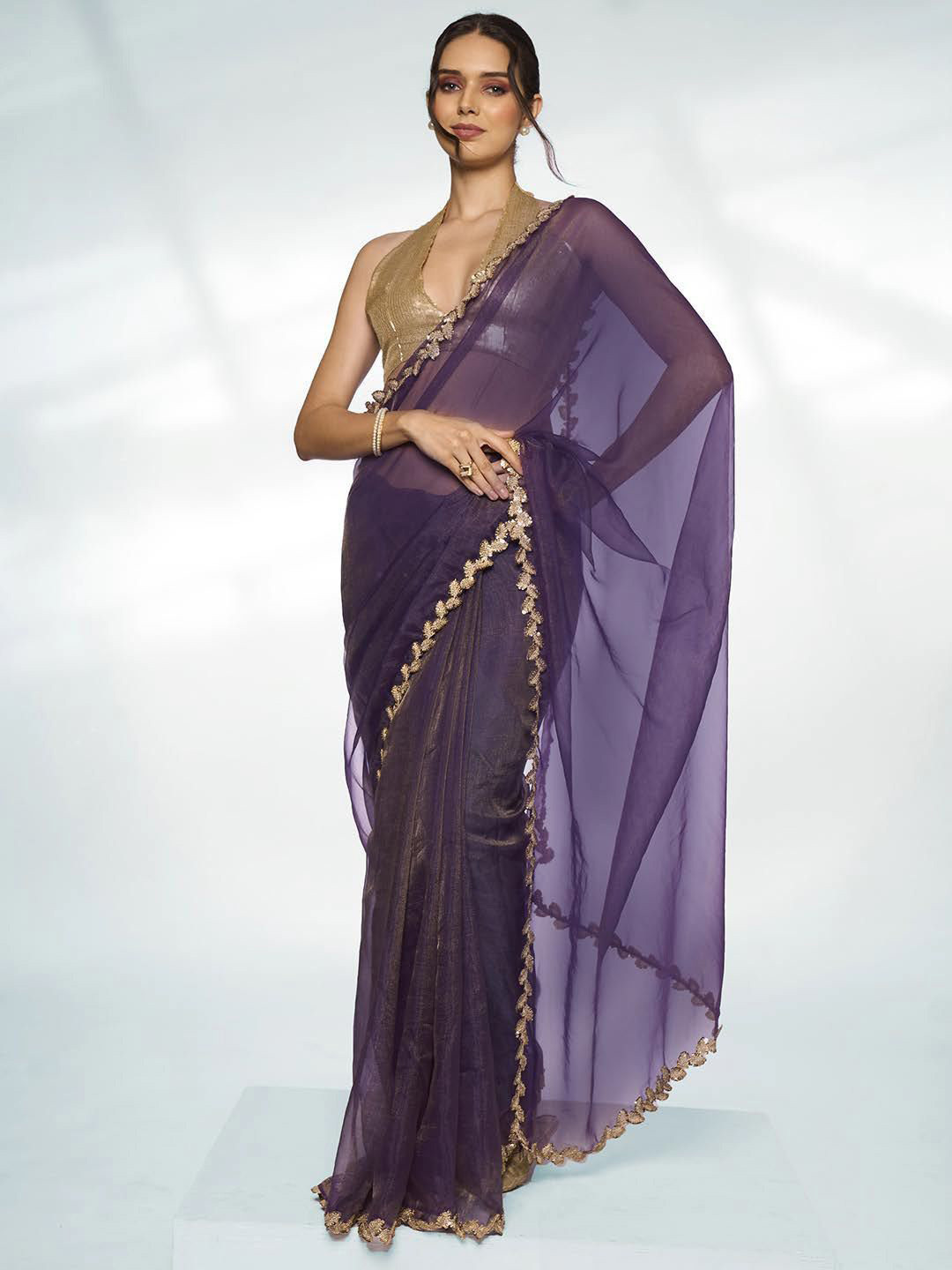 

Mitera Solid Embroidered Organza Saree, Purple