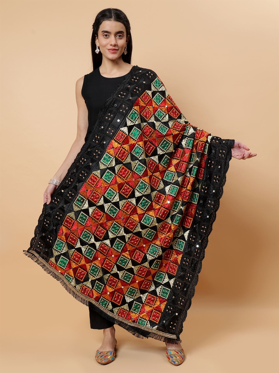 

Moda Chales Ethnic Motifs Embroidered Dupatta With Phulkari, Black
