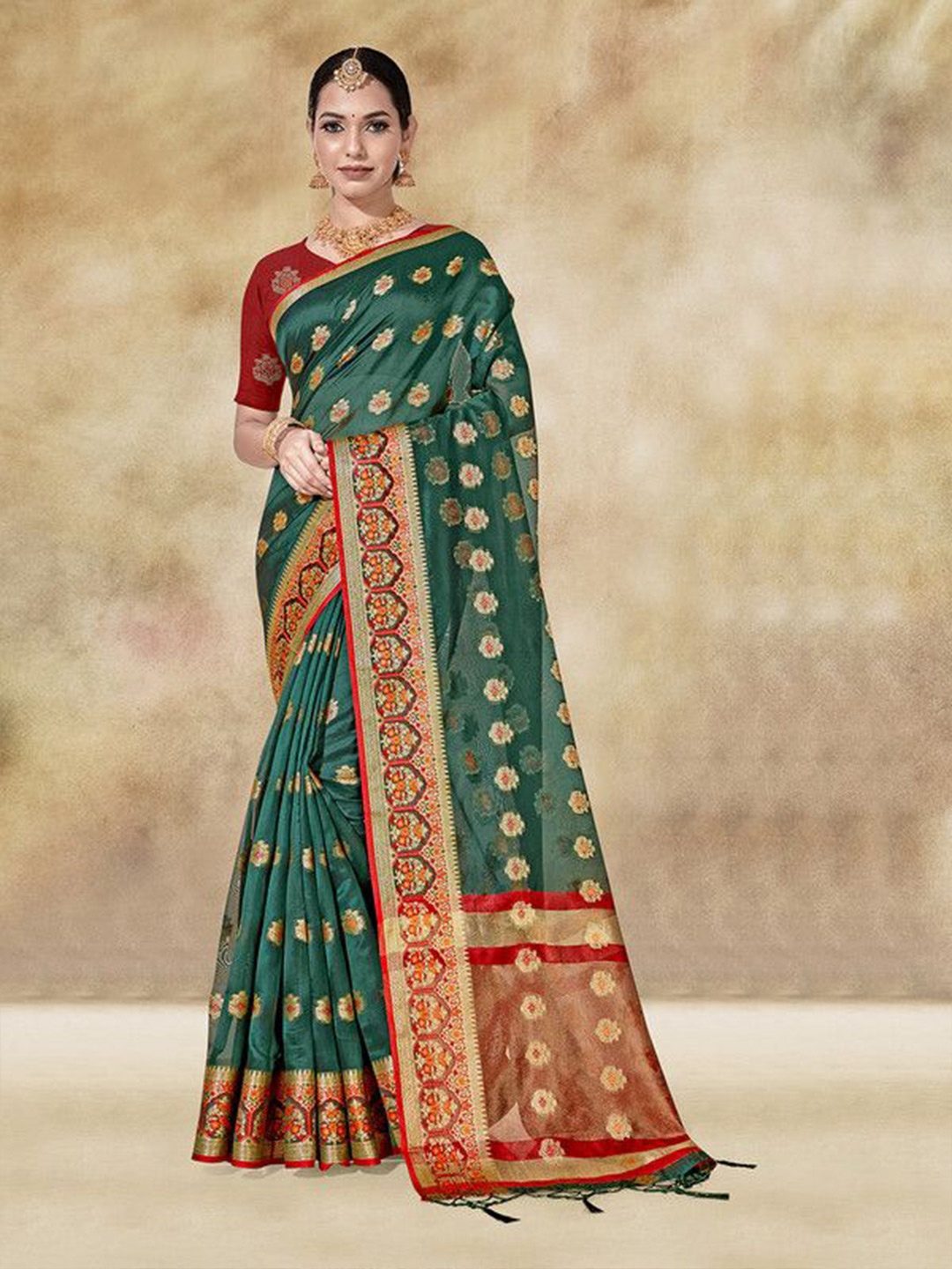 

sagarika Ethnic Motifs Organza Narayan Peth Saree, Green