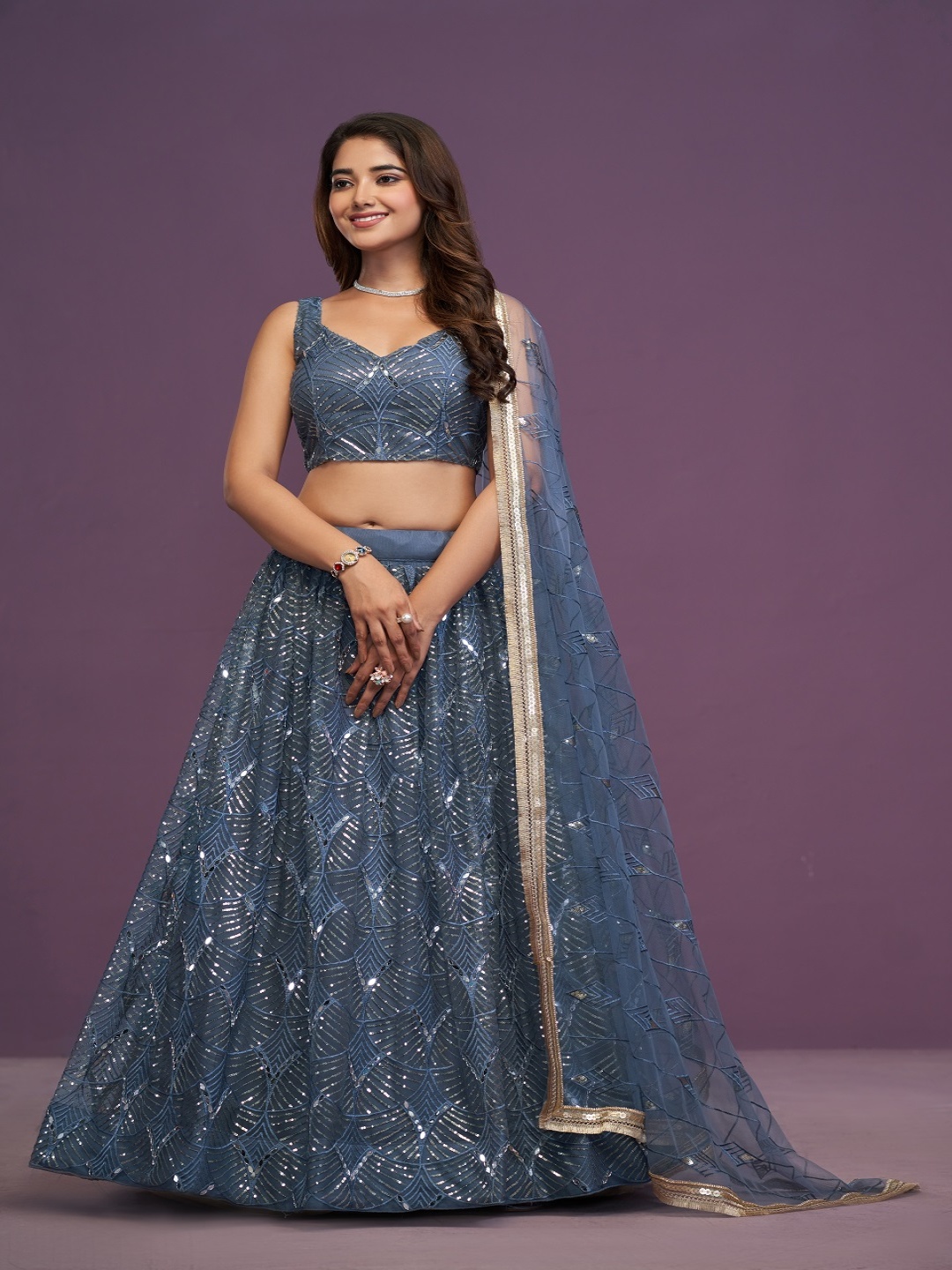 

JIHU CULTURE Semi-Stitched Lehenga & Unstitched Blouse With Dupatta, Blue