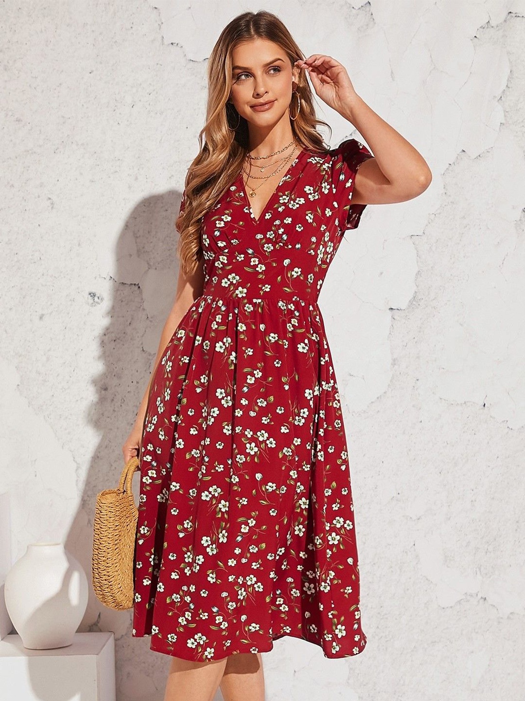 

ELYRAA Women Floral Printed Fit and Flare Dress, Red