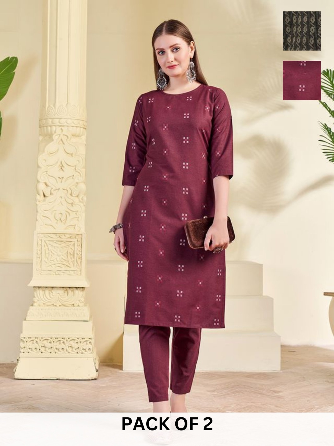 

KALINI Selection Of 2 Geometric Printed Straight Kurta With Trousers, Maroon