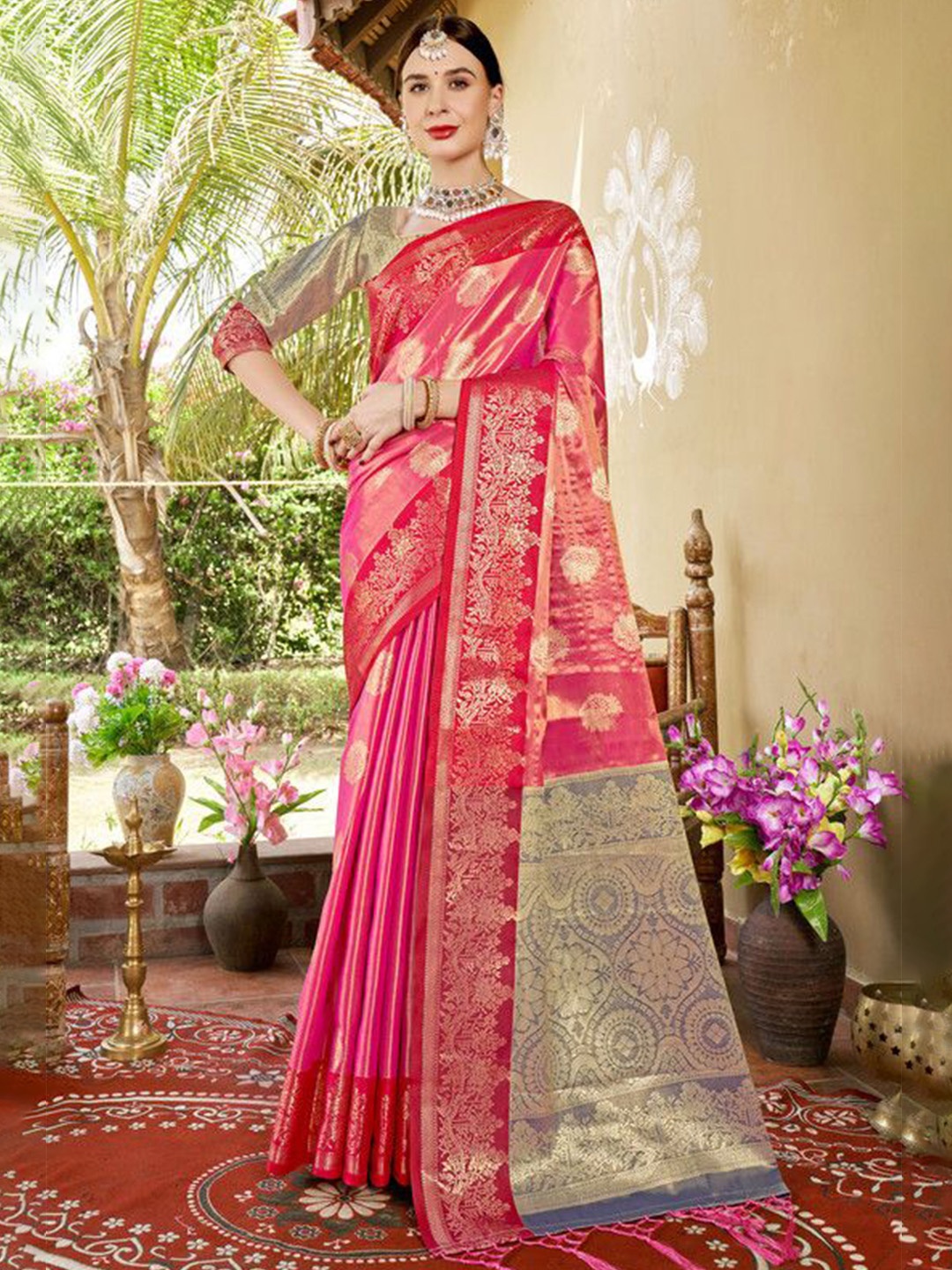 

sagarika Woven Design Zari Banarasi Saree, Pink