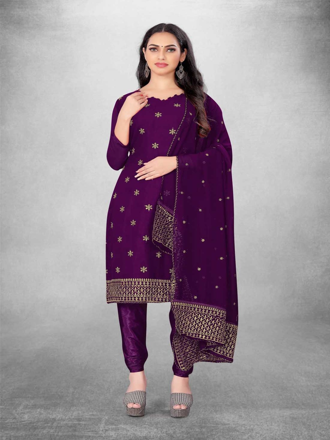 

Aika Ethnic Motifs Zari Embellished Silk Georgette Unstitched Dress Material, Purple