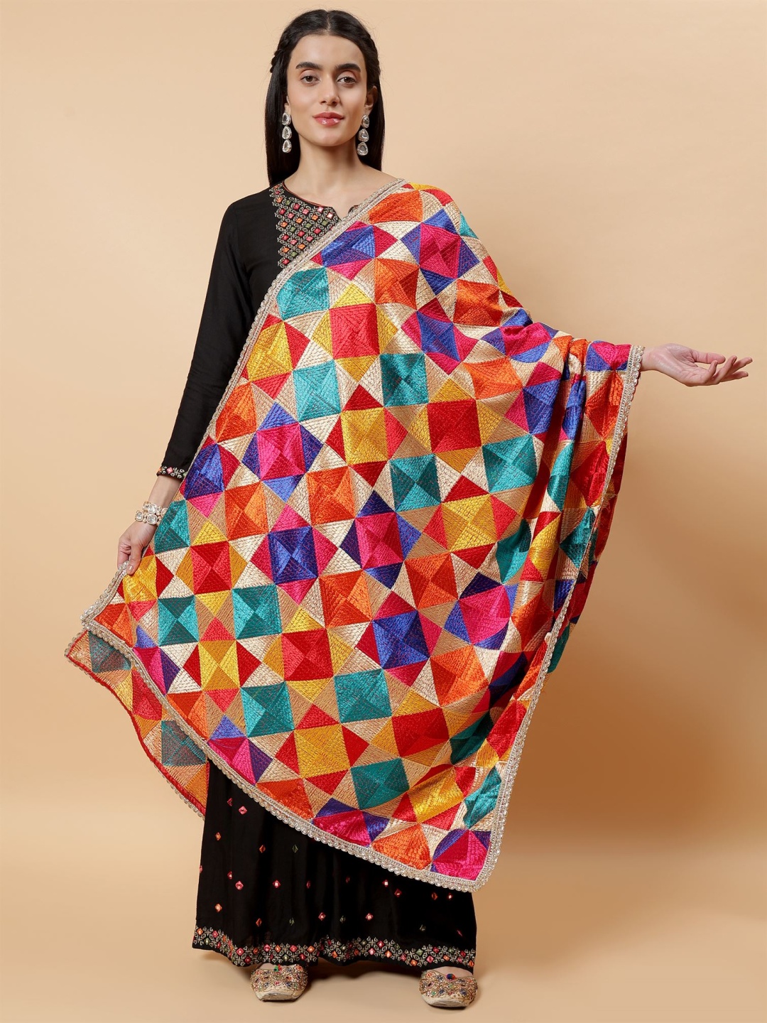 

Moda Chales Geometric Embroidered Dupatta With Phulkari, Gold