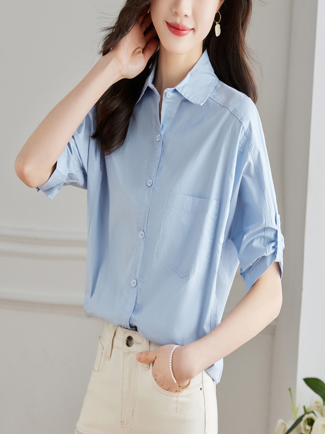 

StyleCast Women Spread Collar Solid Cotton Casual Shirt, Blue