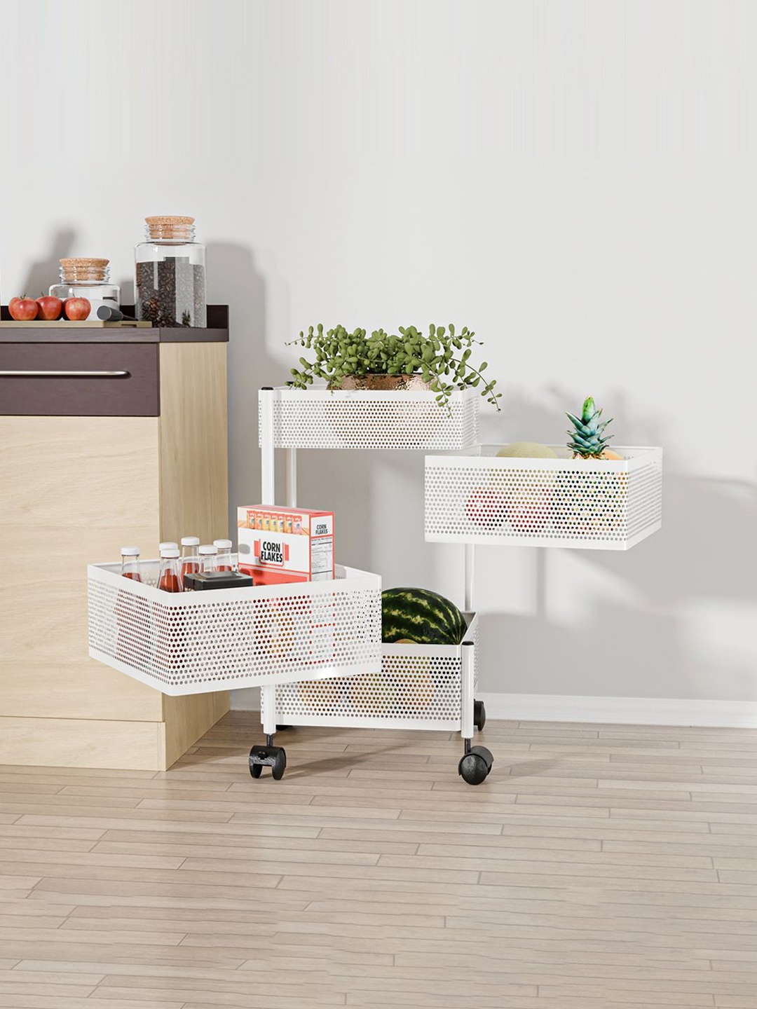 

Kuber Industries 3+1 Layer Kitchen Metal Storage Rack with Wheels White Kitchen Trolley