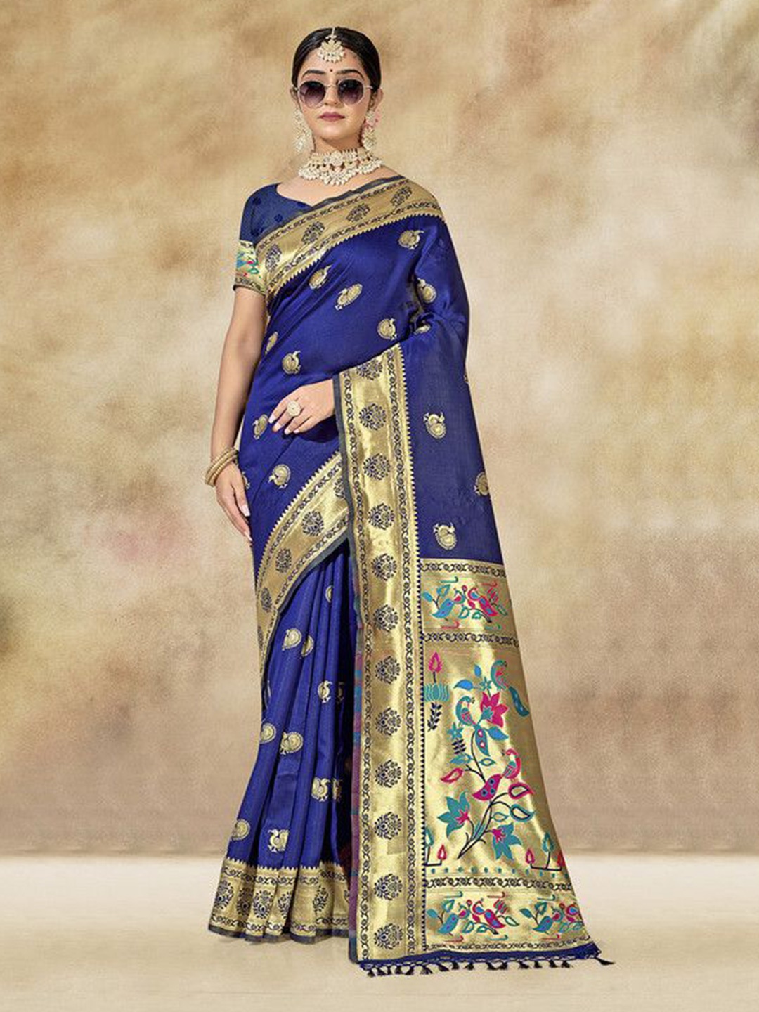 

sagarika Ethnic Motifs Woven Design Zari Paithani Saree, Blue