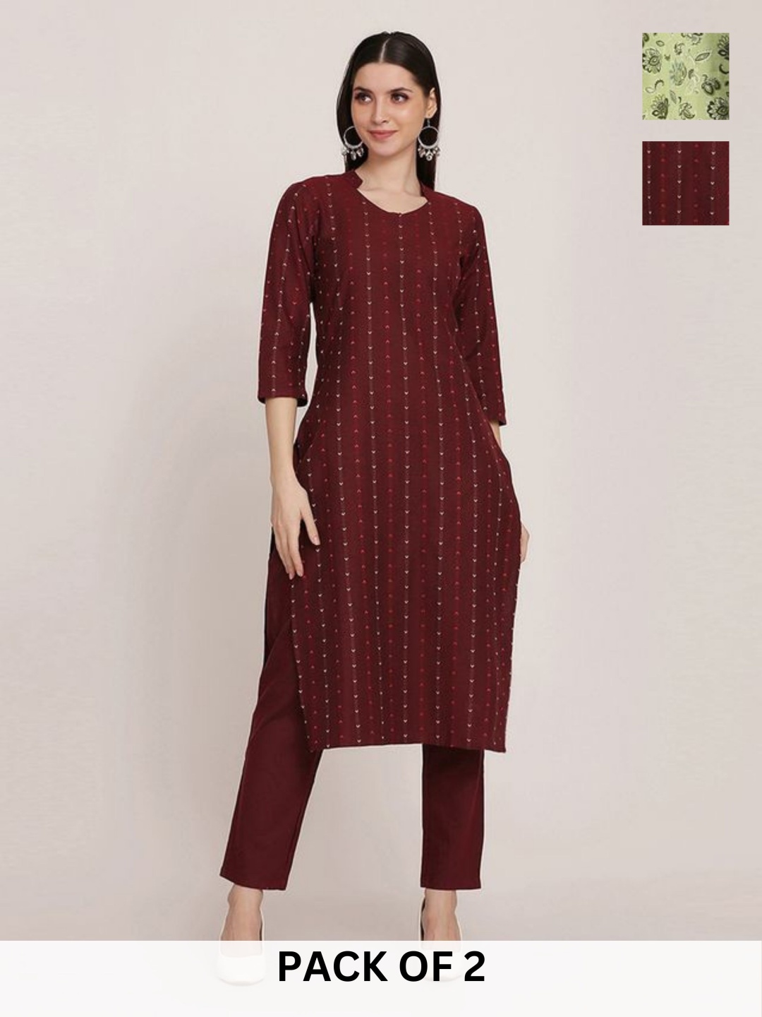 

KALINI Selection Of 2 Geometric Printed Mandarin Collar Straight Kurta With Trouser, Maroon