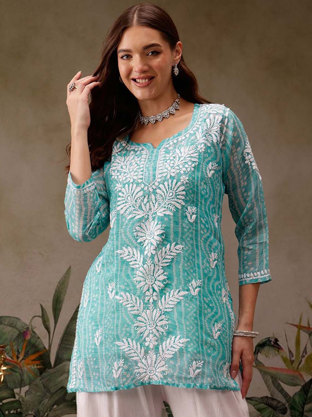 

ADA Women Bandhani Embroidered Chikankari Kurti, Sea green