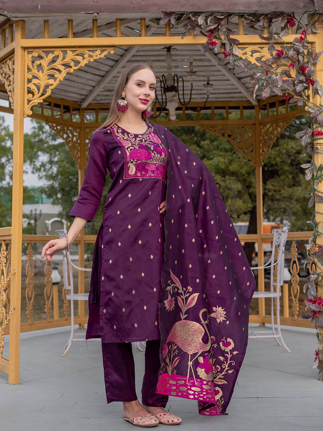 

Siya Fashion Floral Woven Design Round Neck Straight Kurta With Trousers & Dupatta, Purple