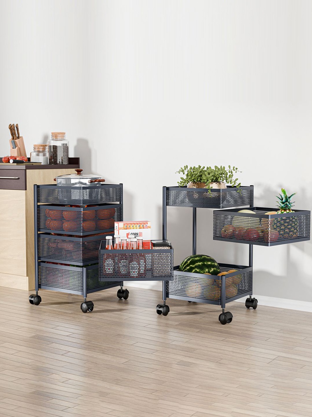 

Kuber Industries Pack of 2 Kitchen 3+1 Layer Metal Kitchen Trolley Grey