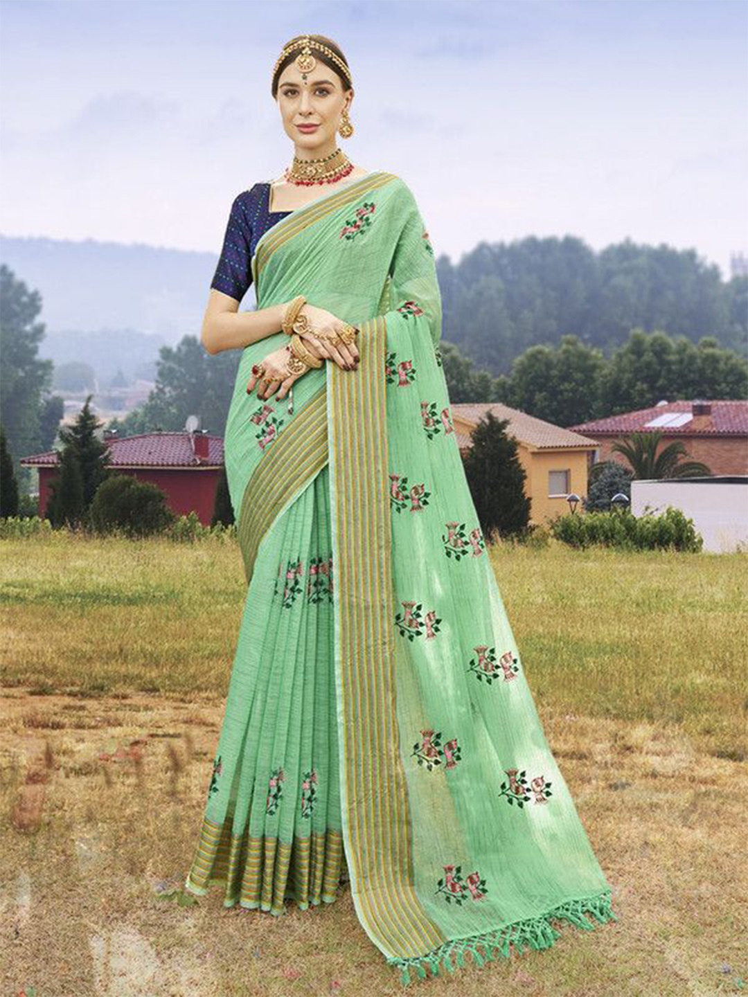 

sagarika Striped Zari Chanderi Saree, Green