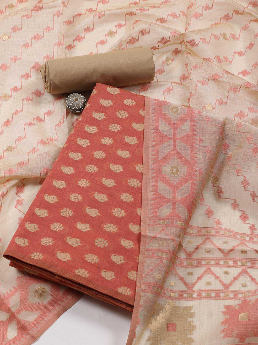 

Meena Bazaar Floral Woven Design Art Silk Unstitched Dress Material, Rust