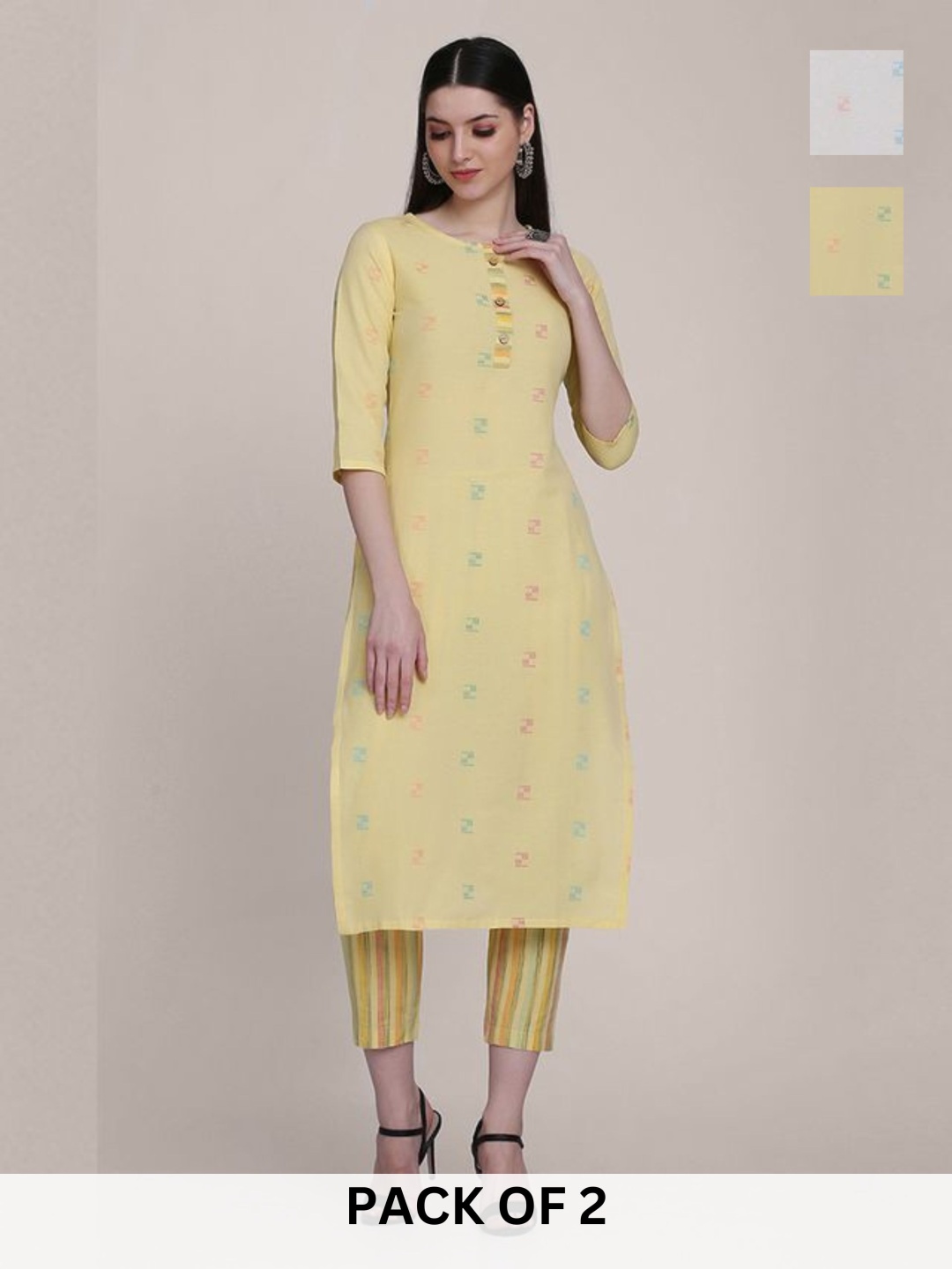 

KALINI Selection Of 2 Geometric Printed Round Neck Straight Kurtas With Trousers, Yellow