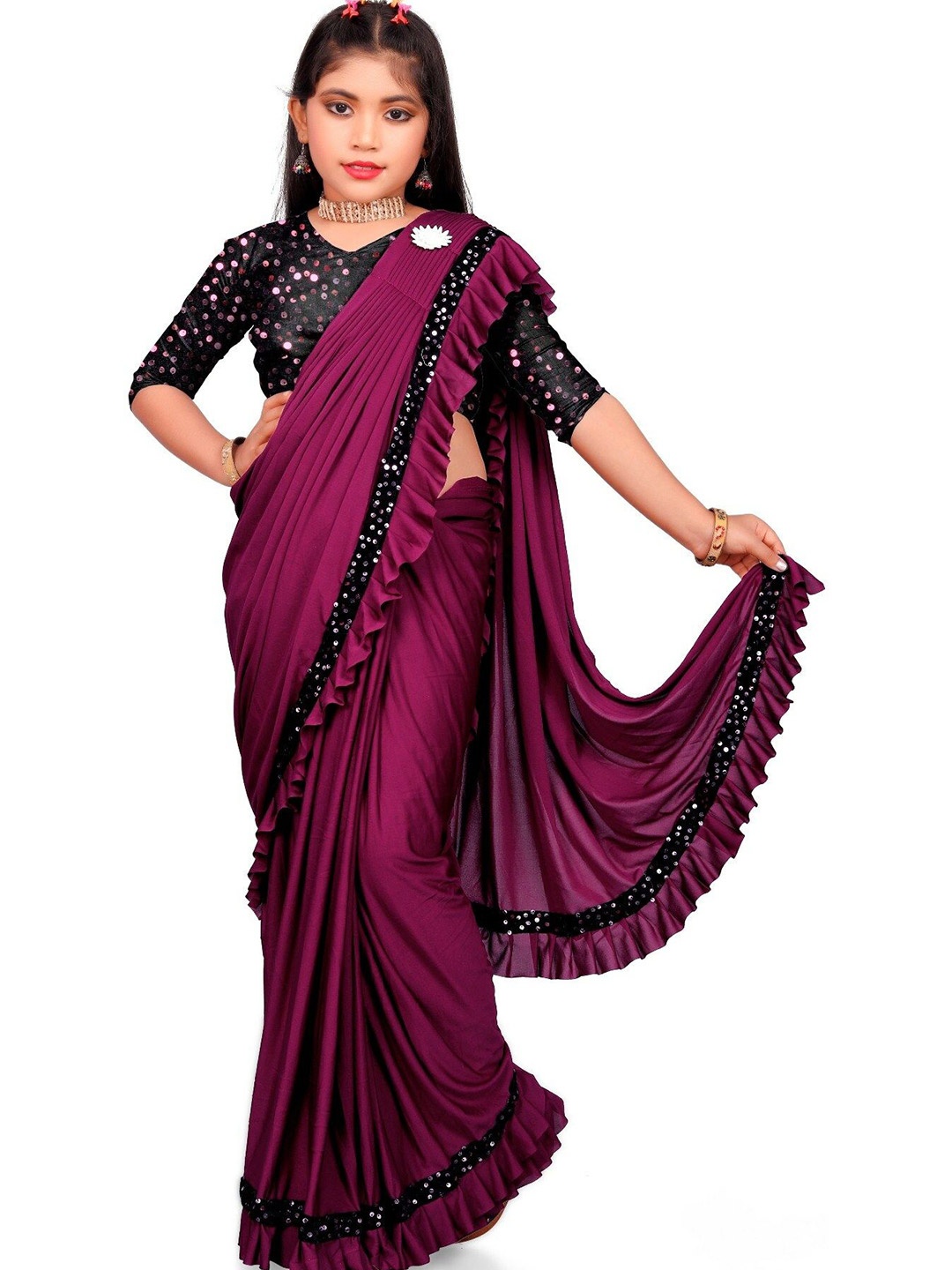

Aika Sequinned Ruffles Saree, Magenta