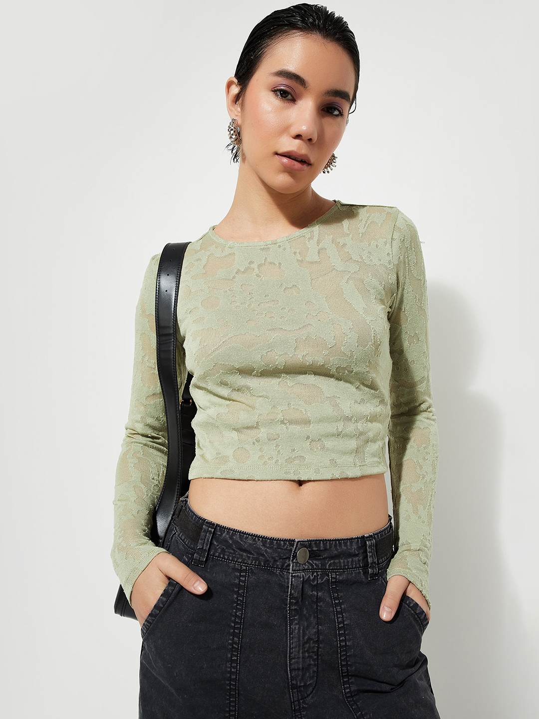 

MAX URB_N Women Jacquard Burnout Crop Top, Green