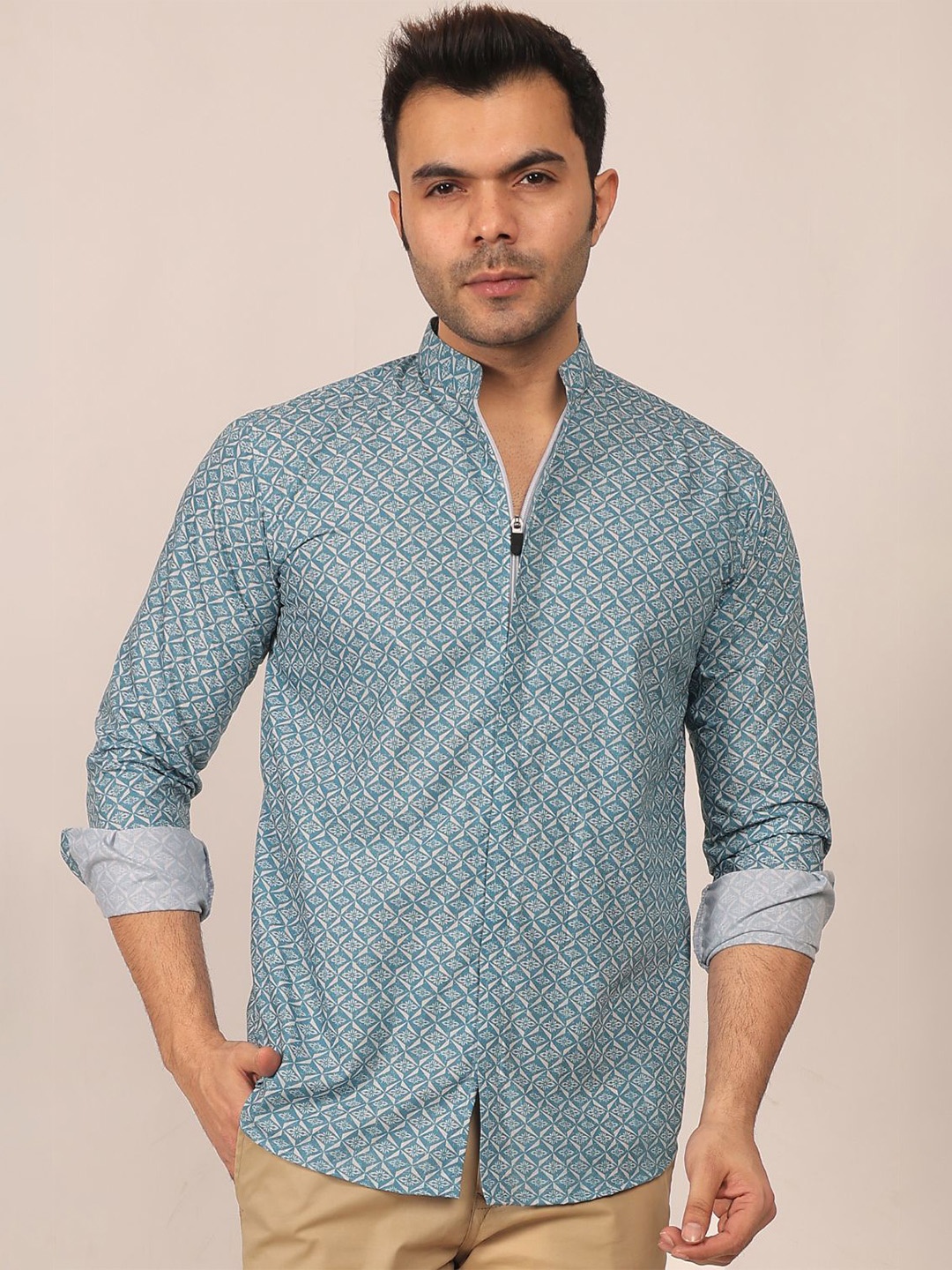 

Mculine Men Standard Fit Mandarin Collar Geometric Printed Cotton Casual Shirt, Blue