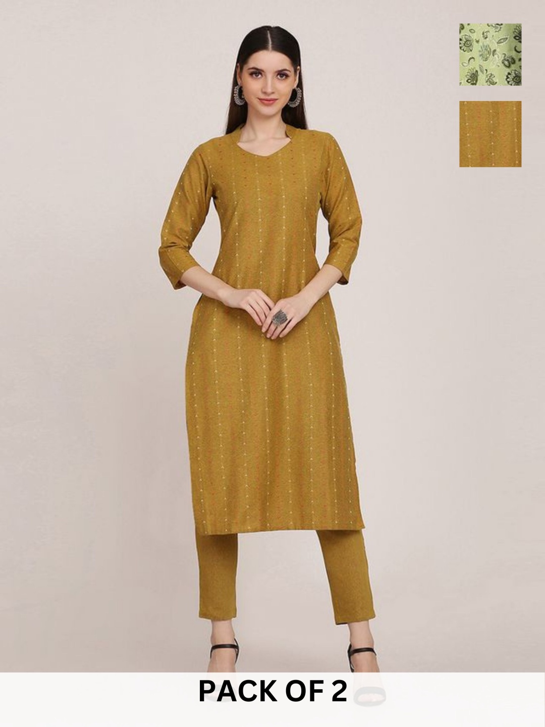 

KALINI Selection Of 2 Geometric Printed Mandarin Collar Straight Kurta With Trouser, Yellow