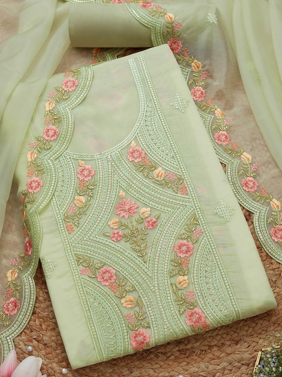 

Soch Floral Embroidered Sequinned Unstitched Dress Material, Green