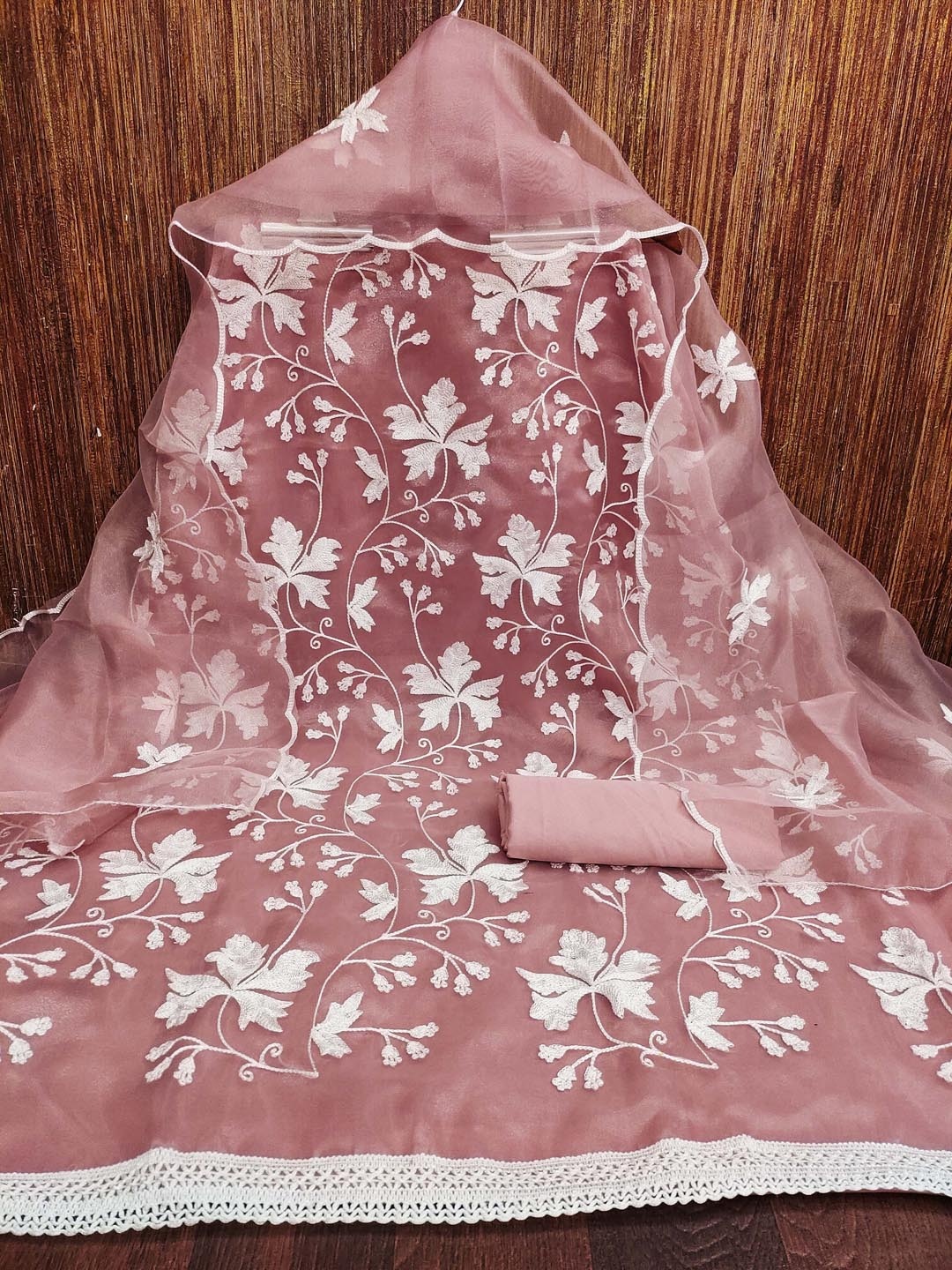 

HERE&NOW Embroidered Organza Unstitched Dress Material, Pink