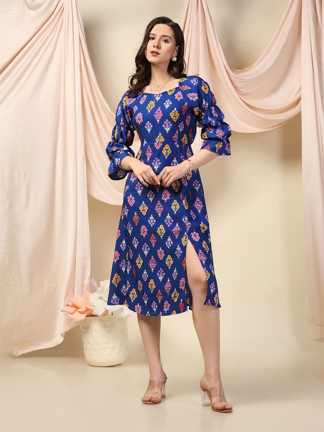 

BAESD Floral Print Puff Sleeve Crepe A-Line Dress, Blue