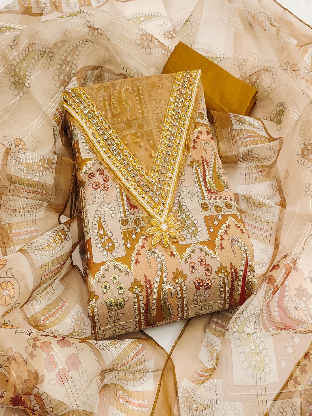 

HERE&NOW Ethnic Motifs Embellished Sequinned Organza Unstitched Dress Material, Mustard