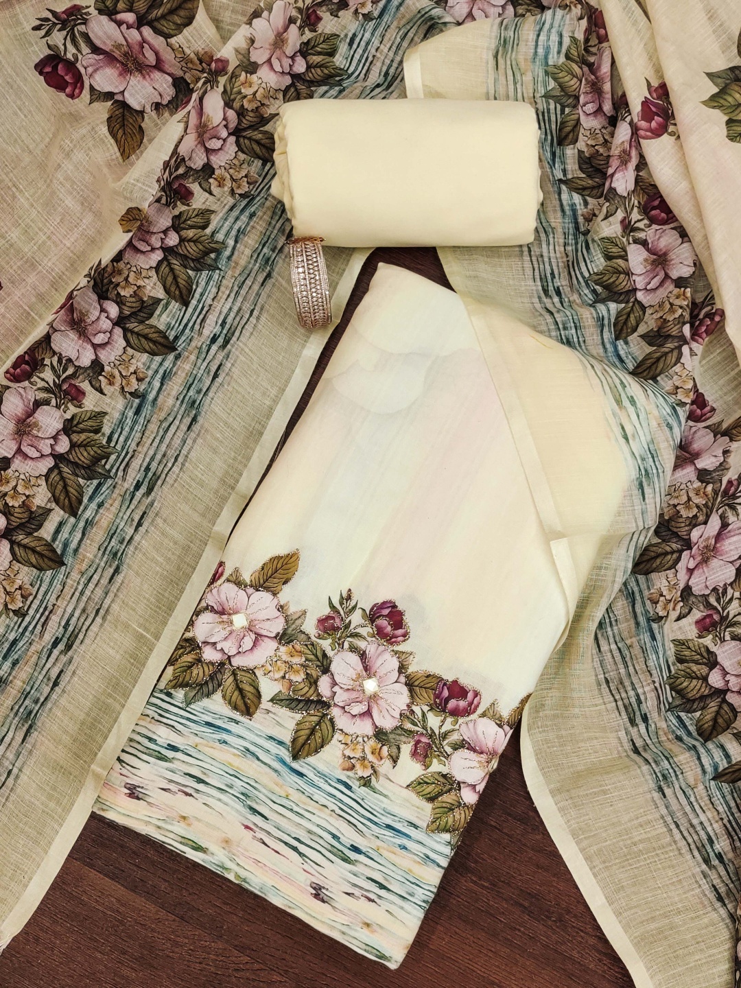 

HERE&NOW Floral Printed Unstitched Dress Material, Off white