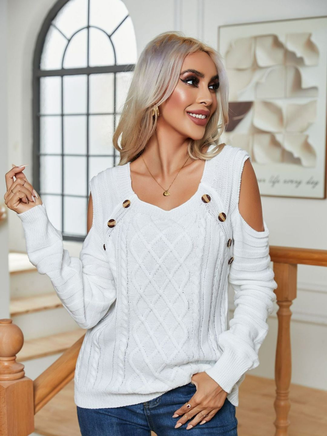 

Oh Rare Women Cable Knit Self Design Pullover Sweater, White
