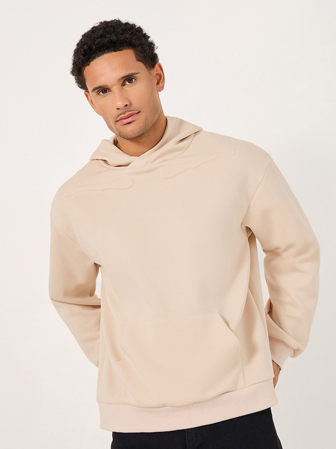 

Styli Men Heavy Weight Boxy Fit Hoodie with Back Emboss Graphic, Beige