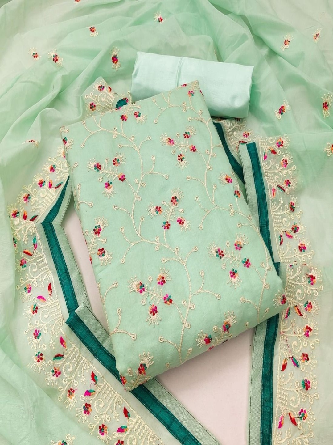 

Aika Floral Embroidered Chanderi Unstitched Dress Material, Green