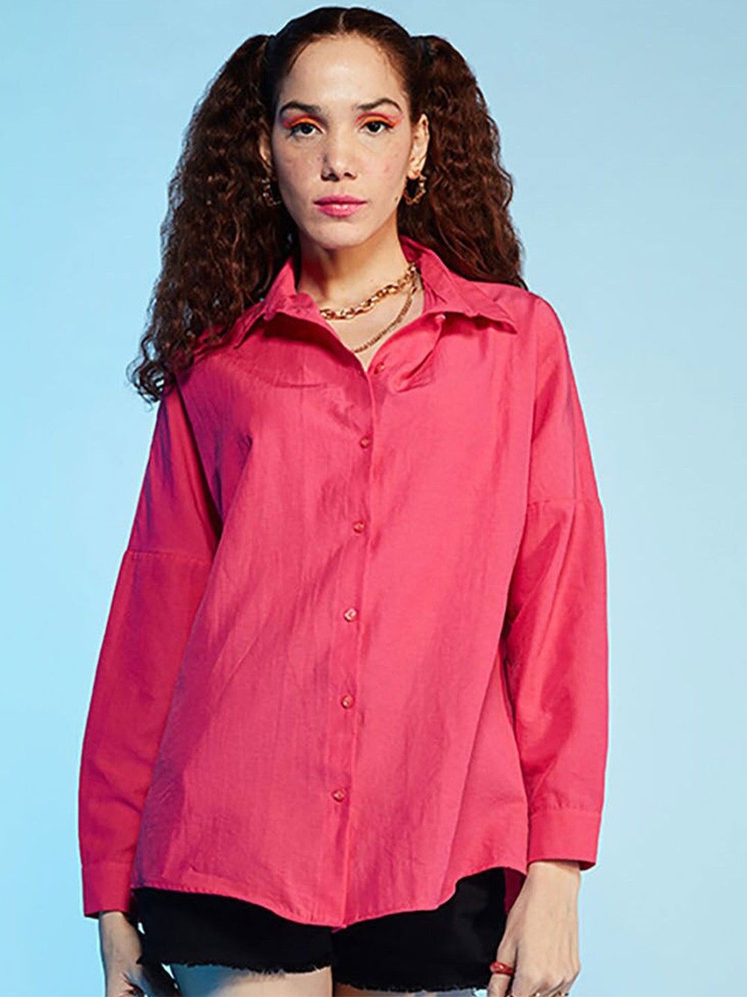 

WHY SO FAB Women Comfort Oversized Fit Spread Collar Solid Cotton Casual Shirt, Pink