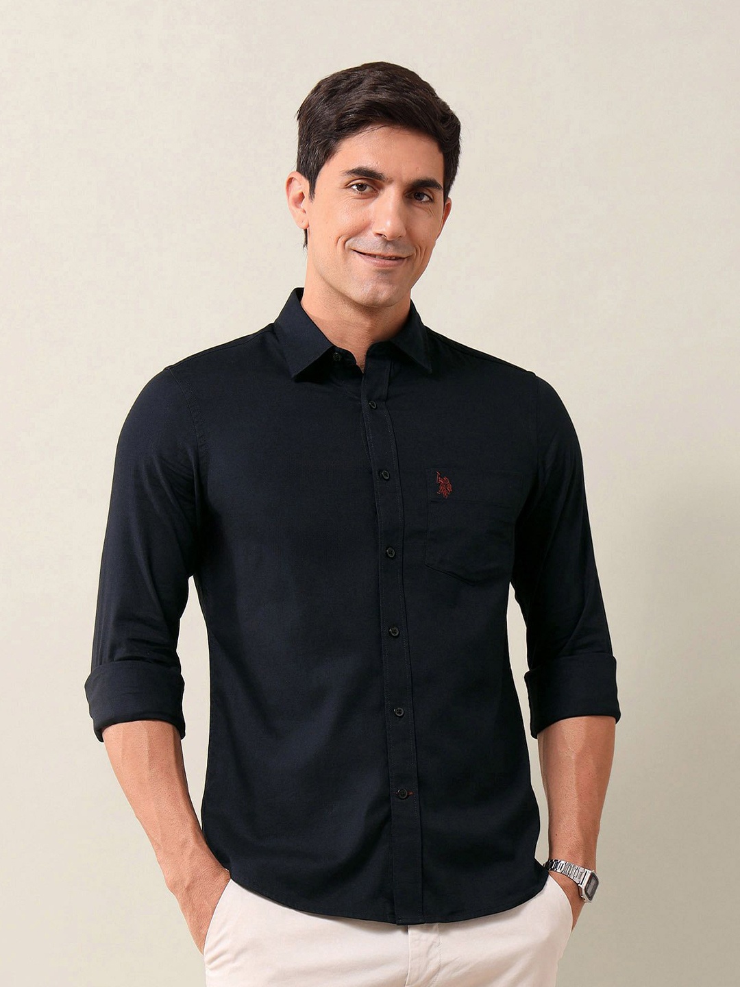 

U.S. Polo Assn. Men Spread Collar Solid Cotton Casual Shirt, Navy blue