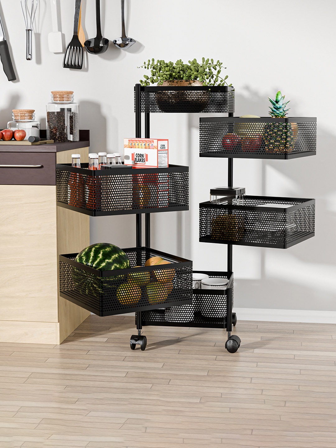 

Kuber Industries 5+1 Layer Kitchen Metal Storage Rack with Wheels Black Kitchen Trolley