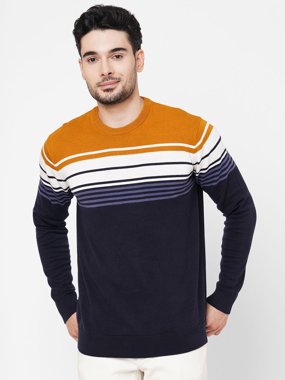 

Loopers Men Striped Cotton Pullover Sweater, Blue