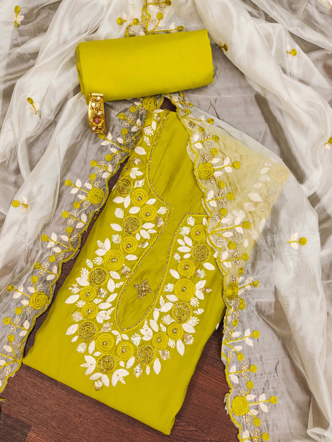 

HERE&NOW Floral Embroidered Thread And Sequinned Work Roman Silk Unstitched Dress Material, Lime green