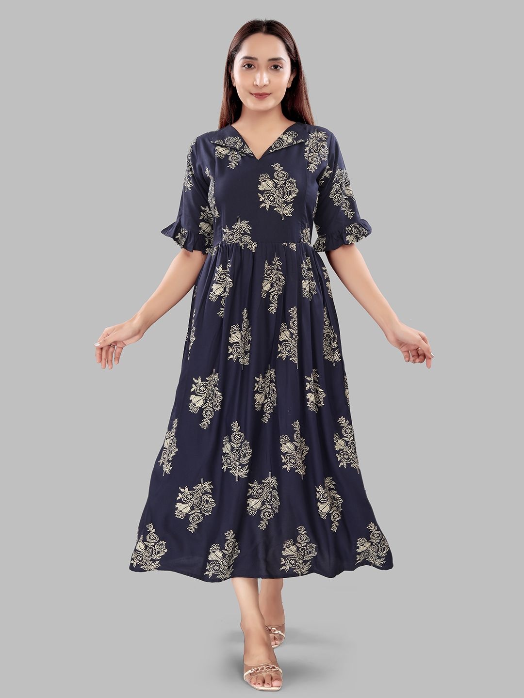 

B2F Manufacturing & Designing Kurti Floral Printed Maternity Fit & Flare Midi Dress, Blue