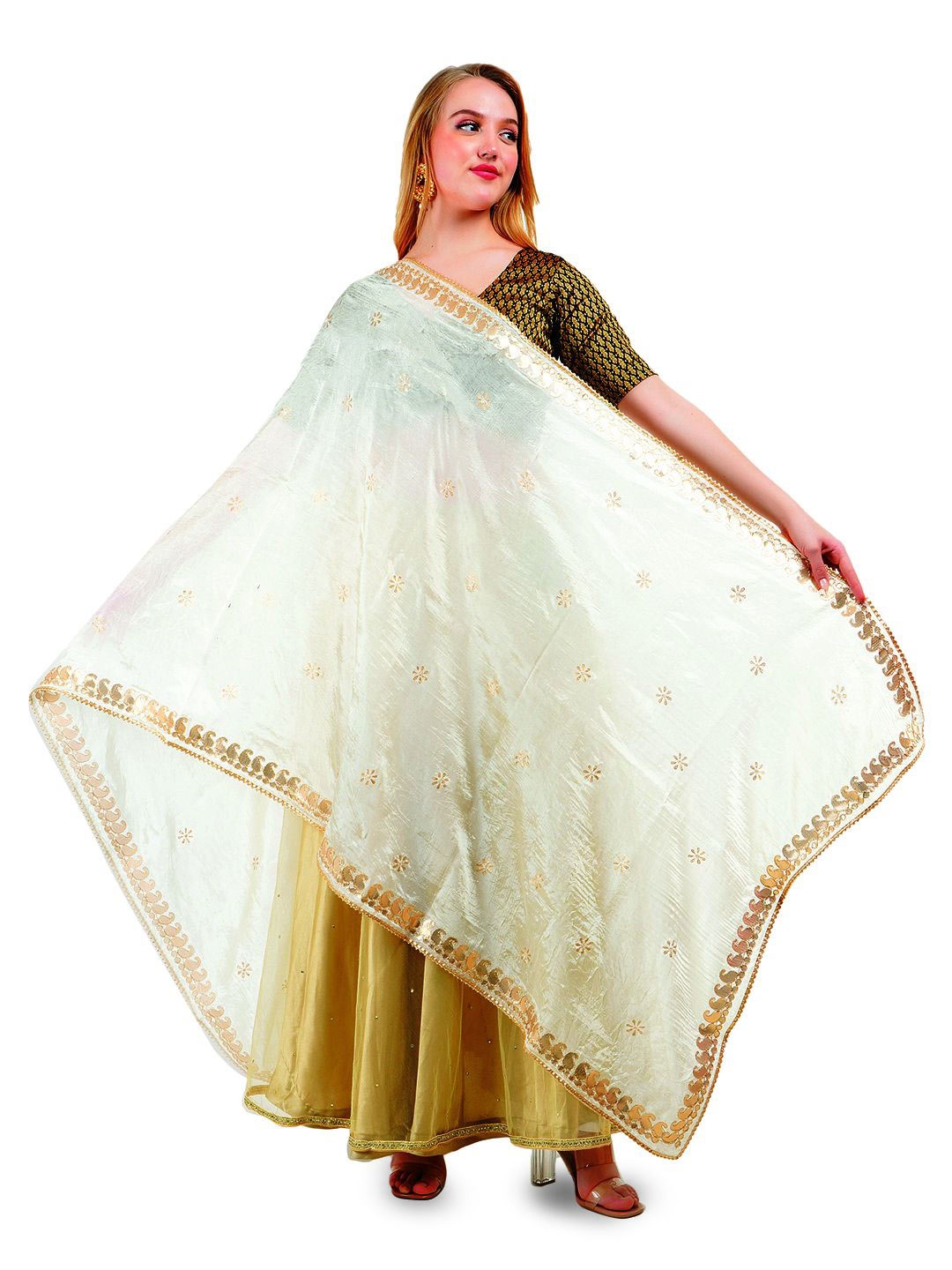 

Way2Like Floral Embroidered Gotta Patti Silk Wrap Shawl Scarf Hijab Dupatta, Cream