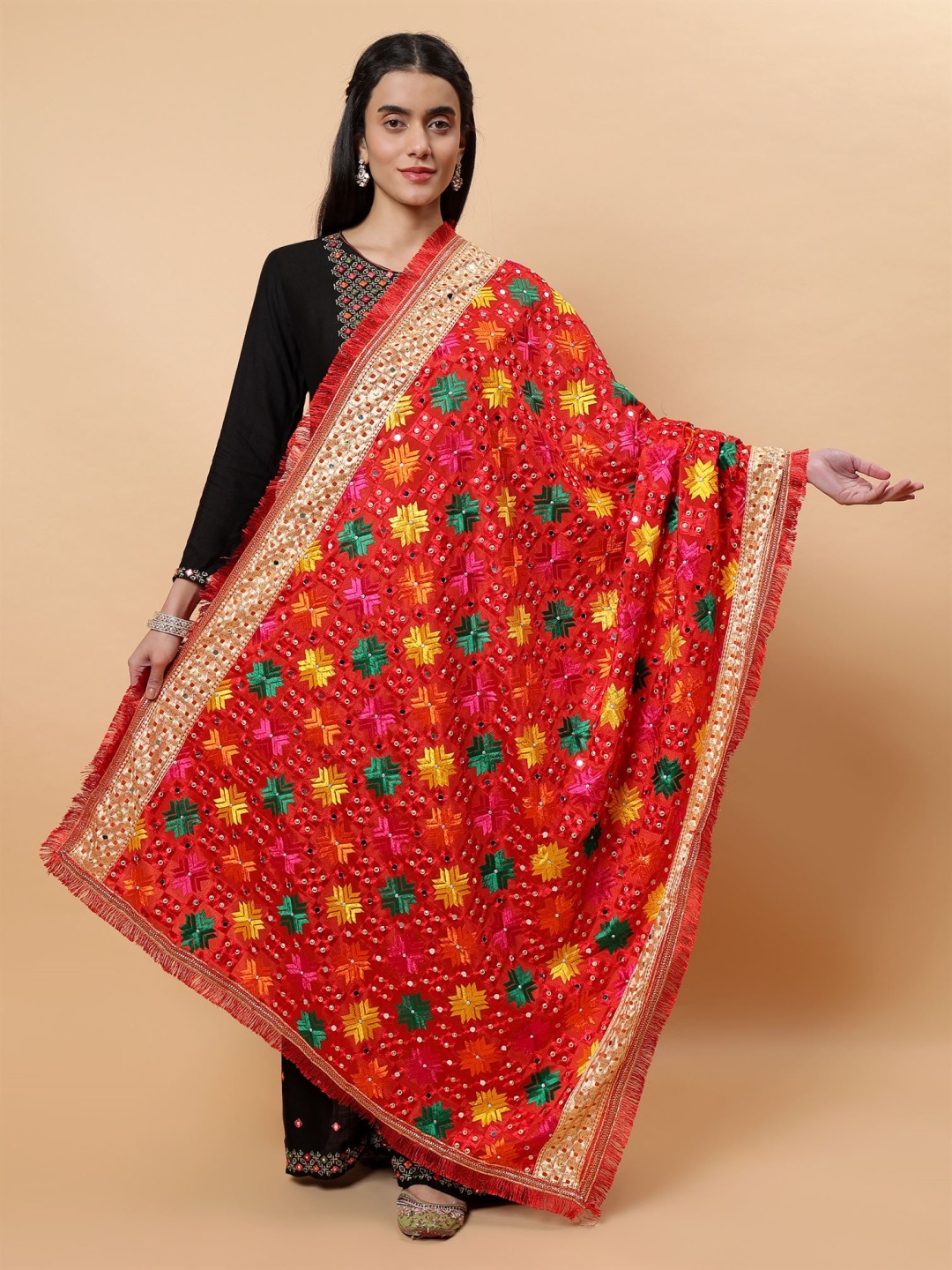

Moda Chales Ethnic Motifs Embroidered Mirror Work Phulkari Dupatta, Red