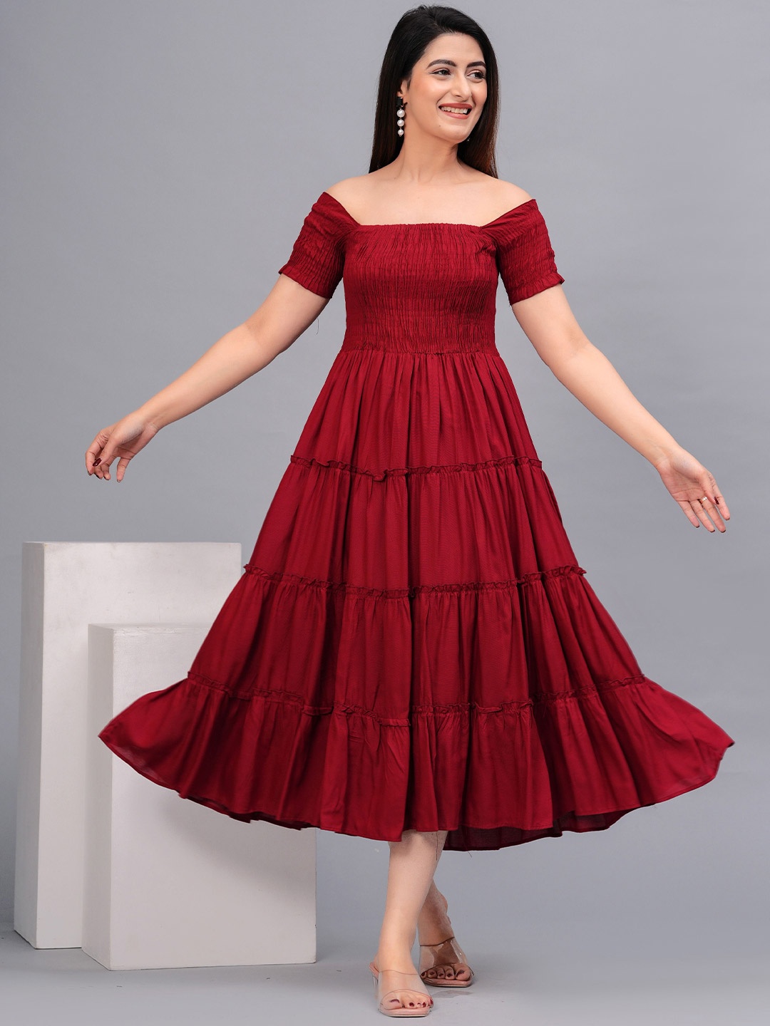 

Fmkcreation Women Fit & Flare Tiered Midi Dress, Maroon